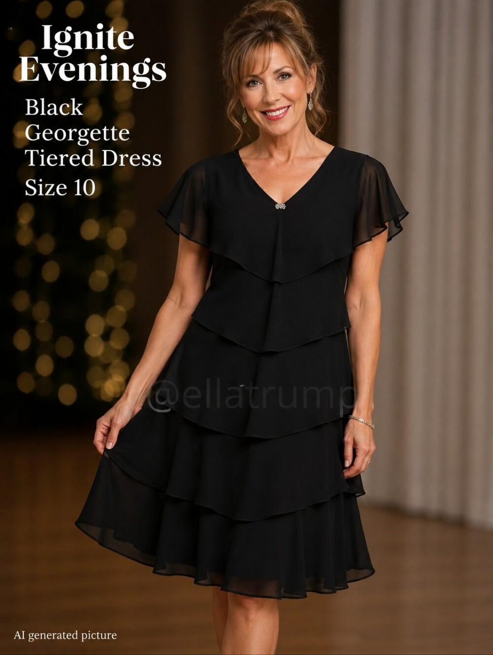 Ignite Evenings Black Georgette Tiered Dress Size 10